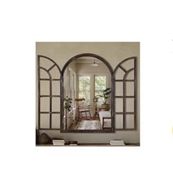 Arched Wall Mirror with Wood Window Pane Frame, 24 x 36 Inch, Brown