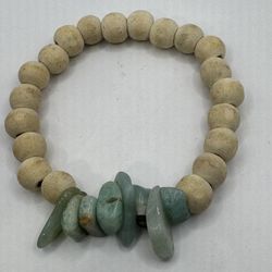 Blue Natural Stone & Round Wood Bracelet 6” Stretch.