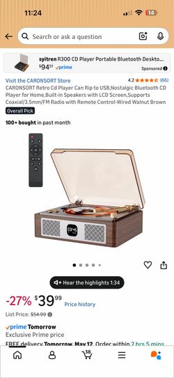 Open box CARONSORT Retro Cd Player Can Rip To USB,Nostalgic Bluetooth CD Player For Home,Built-In Speakers With LCD Screen,Supports Coaxial/3.5mm/FM R