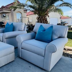 Beautiful Silver Ethan Allen Armchairs And Ottoman 