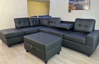 NEW IN BOX Reversible Sectional + Ottoman -Black Pu Sectional FINANCE AVAILABLE $54 down pmt