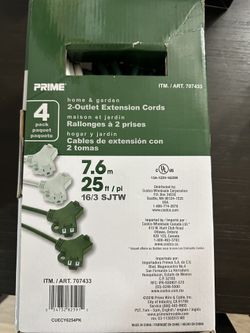 Unused PRIME 4-Pack 25 ft 2-Outlet Extension Cords (16/3 SJTW, Green, Indoor/Outdoor Use)