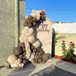 Birthday backdrop and balloons