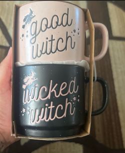 Cute Set Of 2 Mugs Pink And Black Good Witch Bad Witch