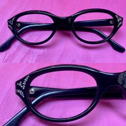 Vintage Rhinestone Eyeglasses Retro 60s Eyeglasses Oval Black Eyeglass Frames