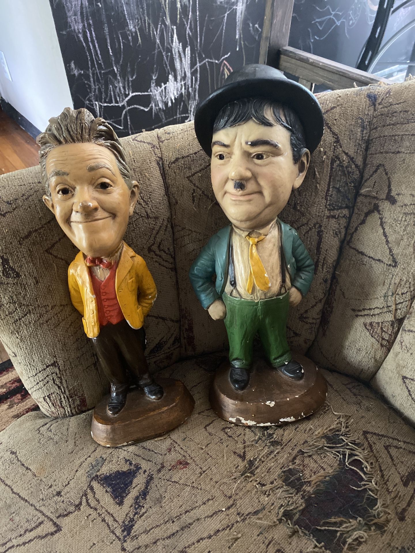 LAUREL & HARDY ESCO Pair Chalkware Original Statues 17 1/2" and 16 1/2"