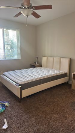 Queen Bed Frame (Ivory Suede & Gold)