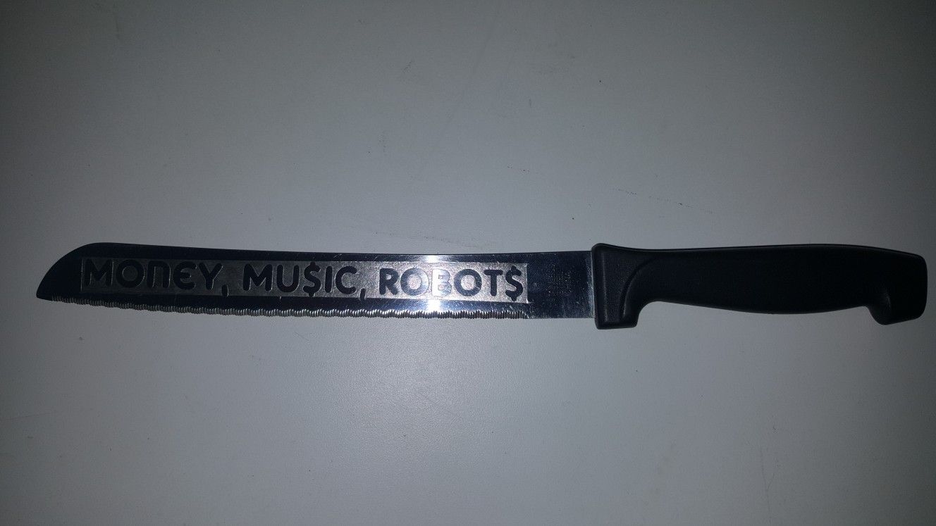 *Unique*Engraved "MONEY,MUSIC,ROBOTS stainless Knife