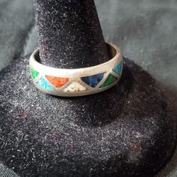 Vintage Sterling Native Amerian  Multi Stone Inlay Ring Size 10.5