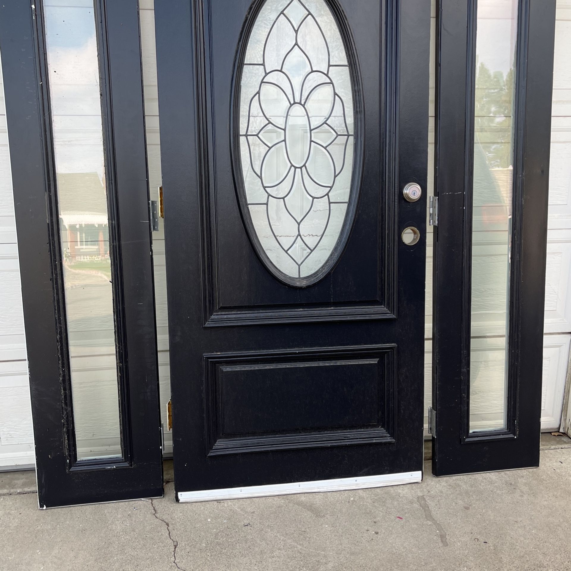 Custom Front Door Entry With Two Venting Side Lights/Windows Steel Beautiful Beveled Leaded Glass