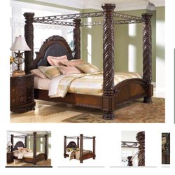 Reduced To $450 Or Best Offer -Ashley Furniture King canopy Bed With 1 Nightstand 