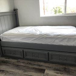 Grey Twin Bed With Storage And Mattress 