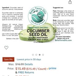 Store 4.6 out of 5 stars420 Reviews Cucumber Seed Oil 4 oz 100% Pure Cold-pressed Unrefined Organic - Bella Terra Oils