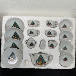 Vintage Child’s 17 Pc. Porcelain Christmas Tea Set In Original Box Pretend Play!