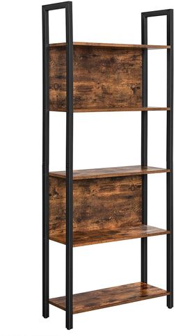 Industrial 5 Shelves Bookcase, Steel Frame, Rustic Brown and Black