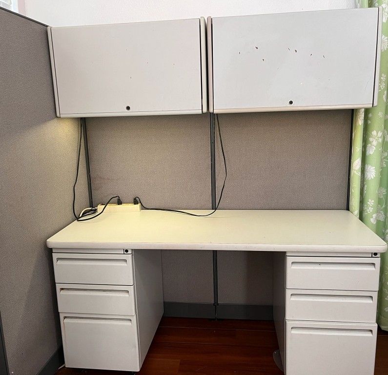 cubicle partition room Office divider Walls And white office computer desk overhead storage cabinet mounted lamps lighting