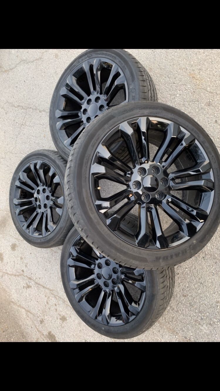 New 22” Black rims and New Tires ! 6 Lug Wheels will fit Chevrolet Silverado Tahoe Avalanche GMC Sierra Yukon suburban Denali Cadillac Escalade