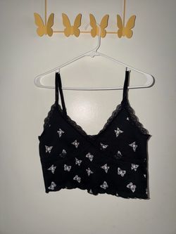 h&m black crop top with white butterfly print and lace trim -s/m