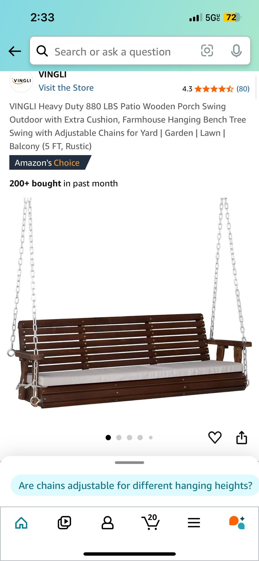 Heavy Duty Patio outdoor Wooden Porch Swing