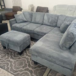 New Sectional Corduroy Sofa Couch with Storage Ottoman! Free Delivery 🚚!