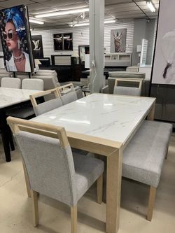 Elegant, natural finish 6 Pc Dining Set with Marble-Look Top