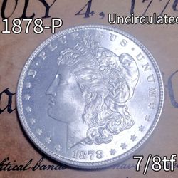 1878-P Morgan Silver Dollar; 7/8tf. Choice MS, Clean Fields, Cartwheel, Mirrored, Full Breast Feathering, Key Date Coin. 