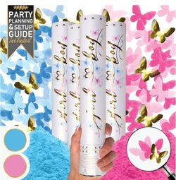 Gender Reveal Confetti Cannon 4 Pack (2 Blue 2 Pink) | Butterfly Confetti Popper and Powder Gender Reveal Smoke Bombs | Baby Gender Reveal Ideas, NEW