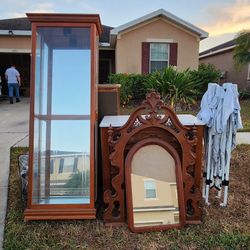 CURB ALERT! FCFS! Antique dresser w mirror, Curio cabinet, dresser, outdoor canopy, hangers