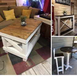 Farmhouse, style, coffee, table, entry, table, and bar table with two stools
