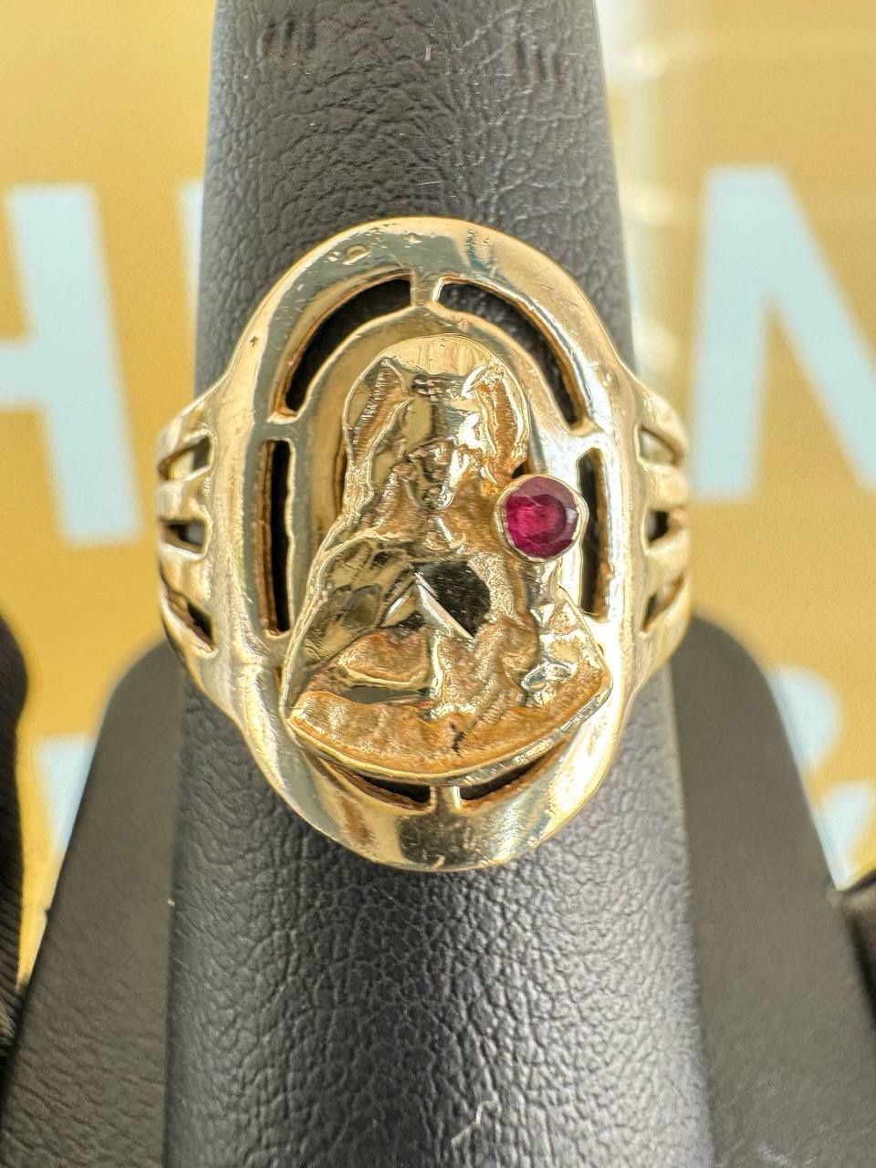 14k yellow gold religion Santa Maria ruby ring