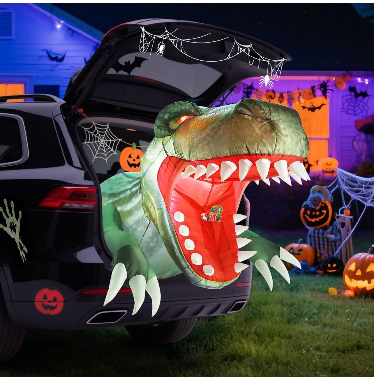 4FT Halloween Inflatable Outdoor Decorations, Animated Dinosaur Blow Up Trunk or Treat Car Decoration Kit with LEDs for SUV Sedan Pickup Truck Jurassi
