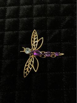 14K Vintage Gold-Tone Dragonfly Brooch with Crystal Accents