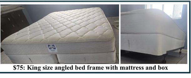 King size angled bed frame with mattress and box