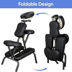 Portable Massage Chair, Tattoo Spa Therapy Chair, Adjustable, Black, PU Leather, Aluminum, Modern Style, 23"L x 18"W x 42"H, 250 Lbs Weight Capacity,