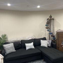 Navy sectional sofa with chaise, modern tufted, clean, comfy