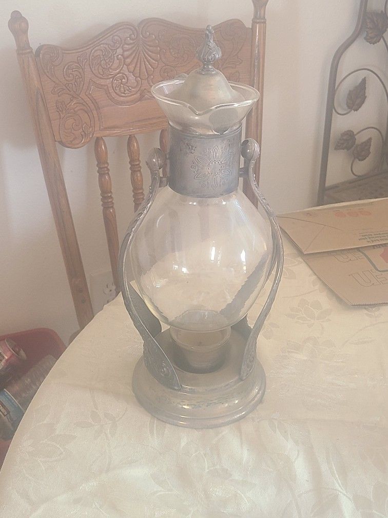 Antique Silver coffee and tea carafe with stand and warmer. Mid-century