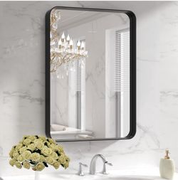 LOAAO Black Metal Framed Bathroom Mirror for Wall, 22X30 Inch Rounded Rectangle Mirror, Matte Black Bathroom Vanity Mirror Farmhouse, Anti-Rust, Hangs