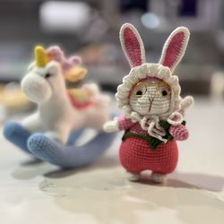 Hand-crocheted embroidered strawberry Bunny 