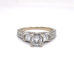 14K White Gold Natural Diamond Princess Cut Three-Stone Engagement Ring | Princess & Round 1.92 TCW, G SI1-I1, Size 7