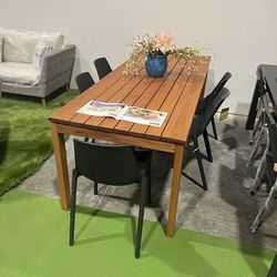 Rectangular Patio Dining Set – FSC Solid Wood Table + Stackable Chairs | BRAND NEW OPEN BOX | Heavy Duty Commercial Grade | Modern Outdoor | Delivery 