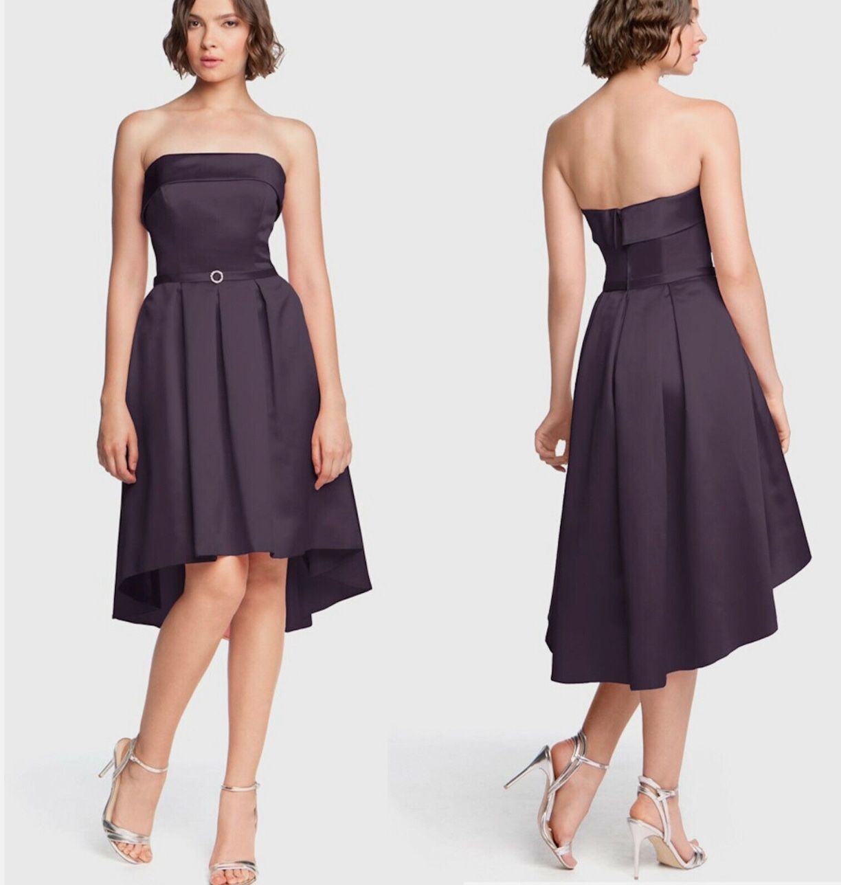 $160 Designer, Strapless Satin High – Low MIDI Bridesmaid Dress Aubergine~8 NWT