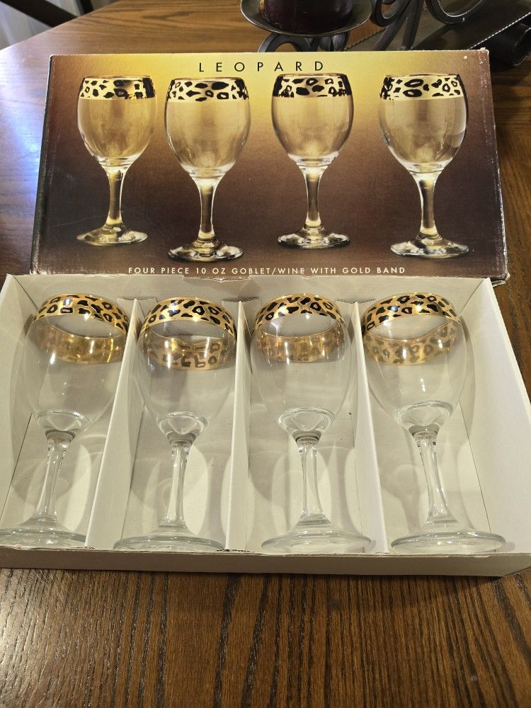Sale! New! Vintage Circleware Italy LEOPARD 4pcs 10oz.Goblet/Wine with Gold Band ( reseda ca)
