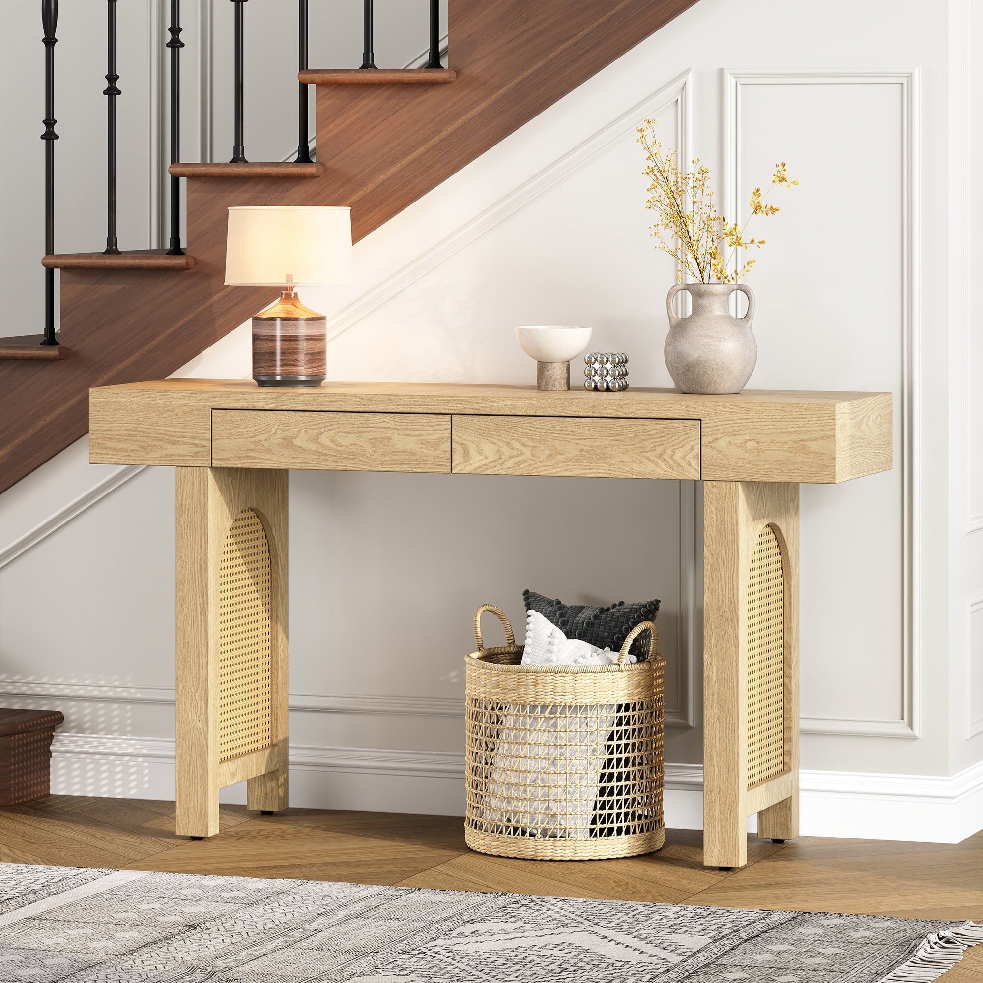 Narrow Console Table with Rattan Accent, Natural Wood Finish Entryway Table with Storage Drawers, Stylish Rustic Sofa Table for Living Room and Hallwa