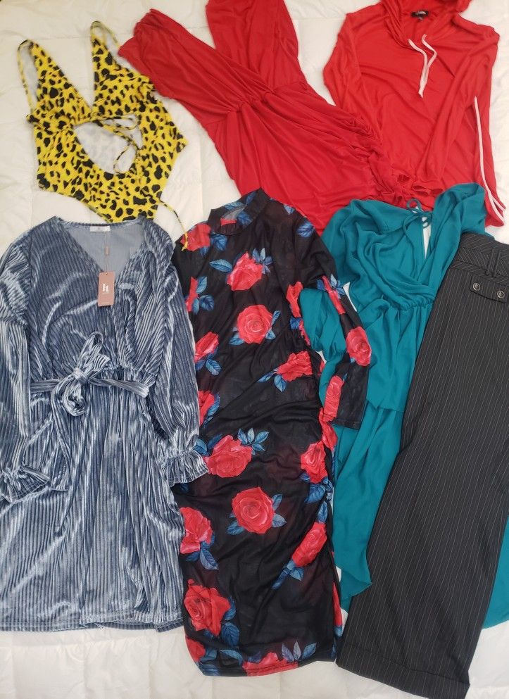 Women's Size 2X Clothing Collection! Beautiful Velvet Dress With Tie, Floral Dress, Tops, Swimsuit & Pinstripe Pants (Sz 18)! Price For All!