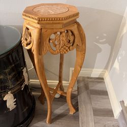 Vintage Ornate Wooden Pedestal Table With Marble Top