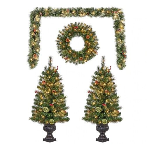Indoor / Outdoor Christmas Porch Decoration Set Trees Garland And Wreath