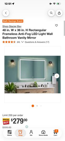 Glacier Bay 48x36 Frameless Anti-Fog LED Vanity Mirror