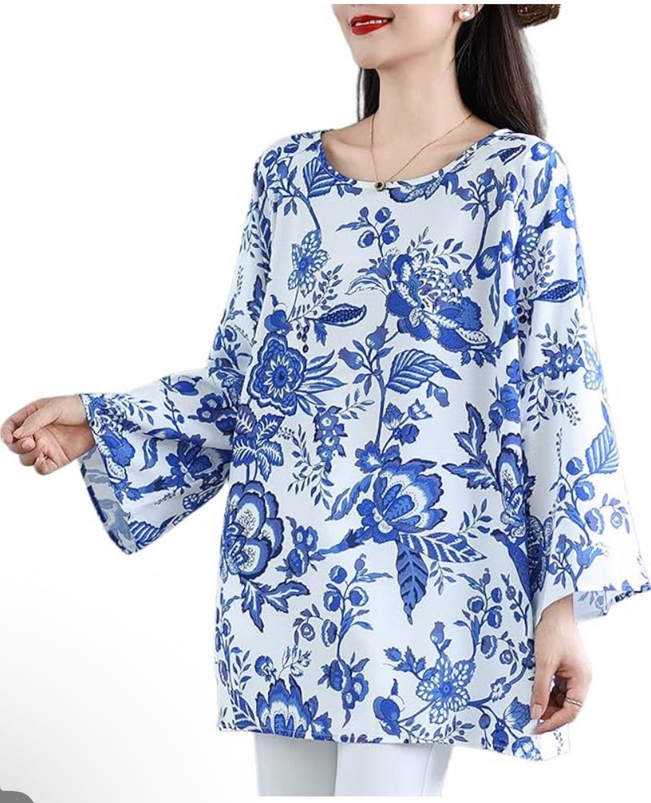 Xl size Women's Long Sleeved T-Shirt Plus Size Blue and White Porcelain Printed Casual Versatile Shirt Top