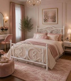 Queen bed Size Metal Bed Frame with Butterfly Headboard, White
Metal Platform Bed for Kids, Wrought Iron-Art Headboard/Footboard, Under-Bed Storage, N
