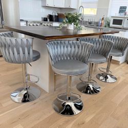 Grey Velvet Adjustable Bar Stools ( Set Of 4 Chairs)